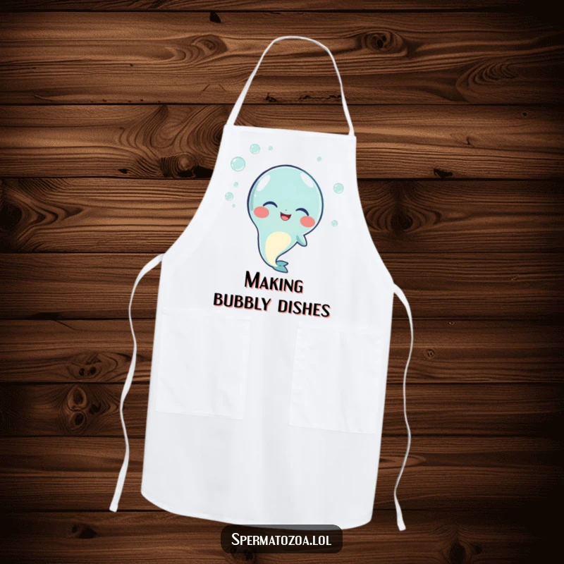 Funny apron showing a sperm character wholeheartedly giggling, with small bubbles swirling around, perfect for a joyful cook.