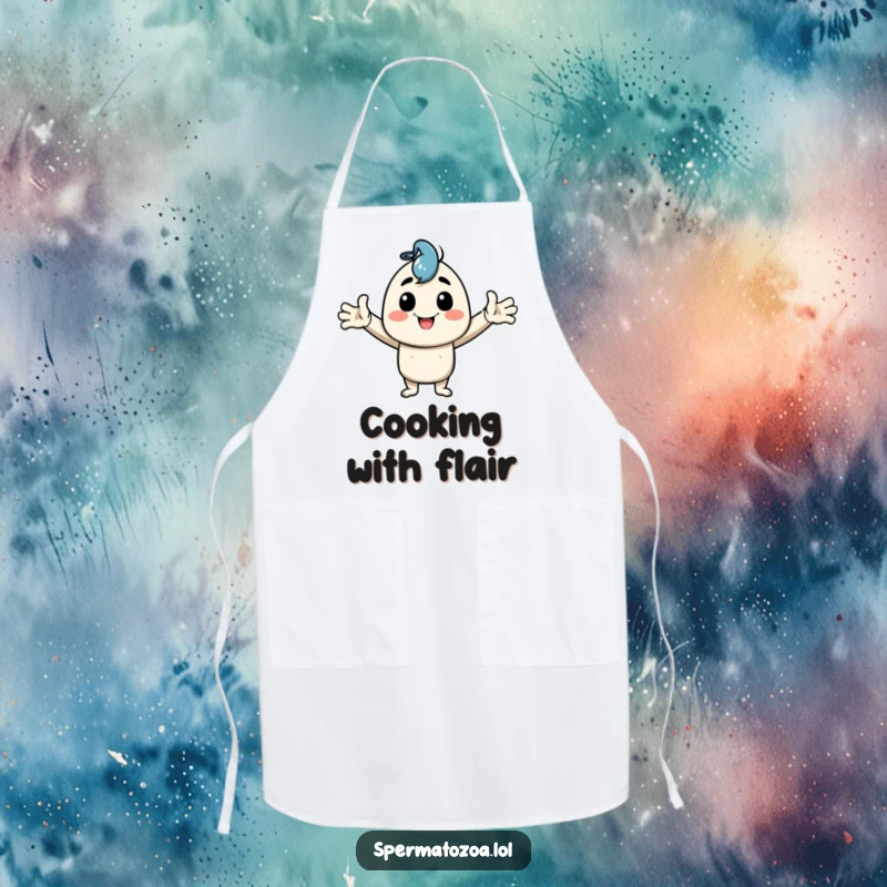 Funny Apron with a happy character striking a goofy pose with arms wide, perfect for cooks who love humor.