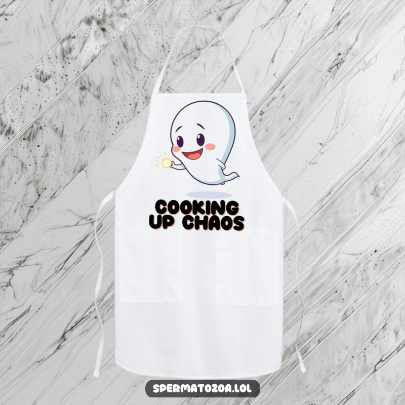 Funny apron featuring a sperm character with a goofy grin, comically chasing a luminous dot, perfect for a playful cook.
