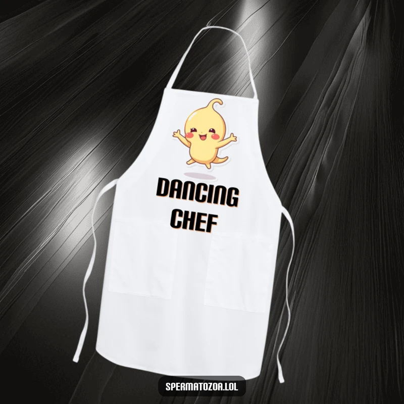 Funny sperm apron with a sperm character dancing happily, perfect for adding humor to kitchen activities.