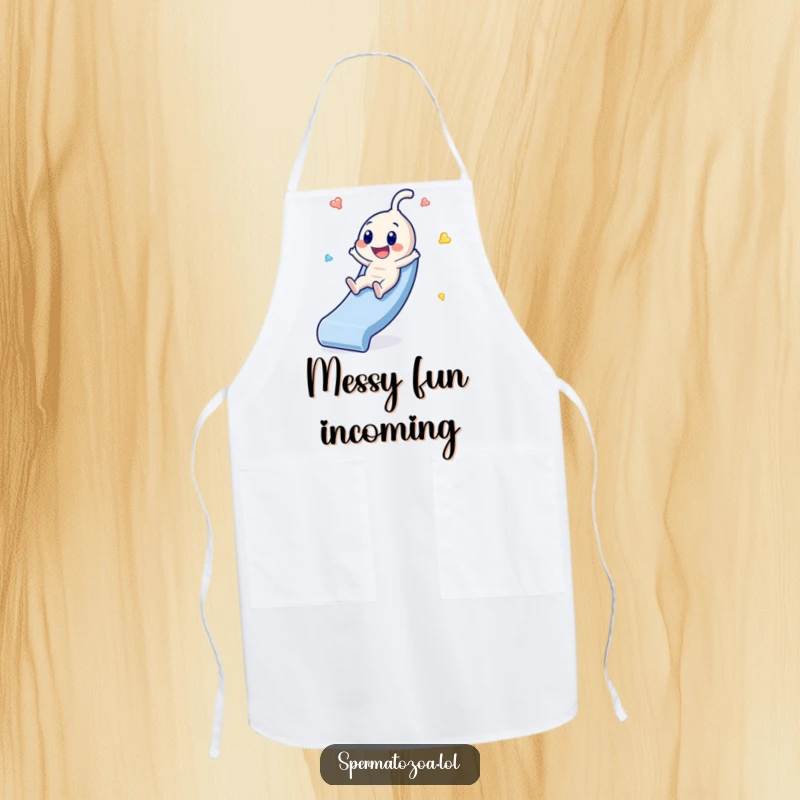Funny Sperm Slide Apron: Tiny sperm character sliding gleefully on a kitchen apron, a humorous and practical funny gift.