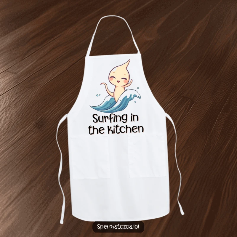 Funny sperm character apron, winking and surfing a microscopic wave, practical kitchen wear.