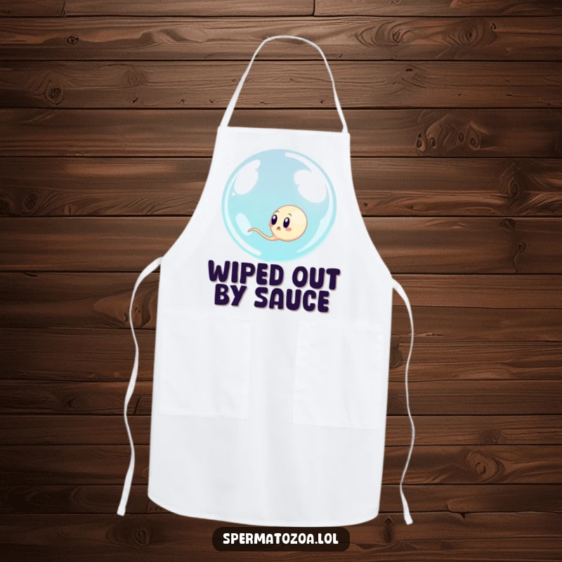 Funny sperm cell surprised by a giant bubble, a humorous apron for kitchen fun and protection.
