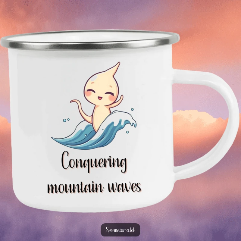 Funny sperm character enamel camping mug, winking and surfing a microscopic wave, rugged and portable.