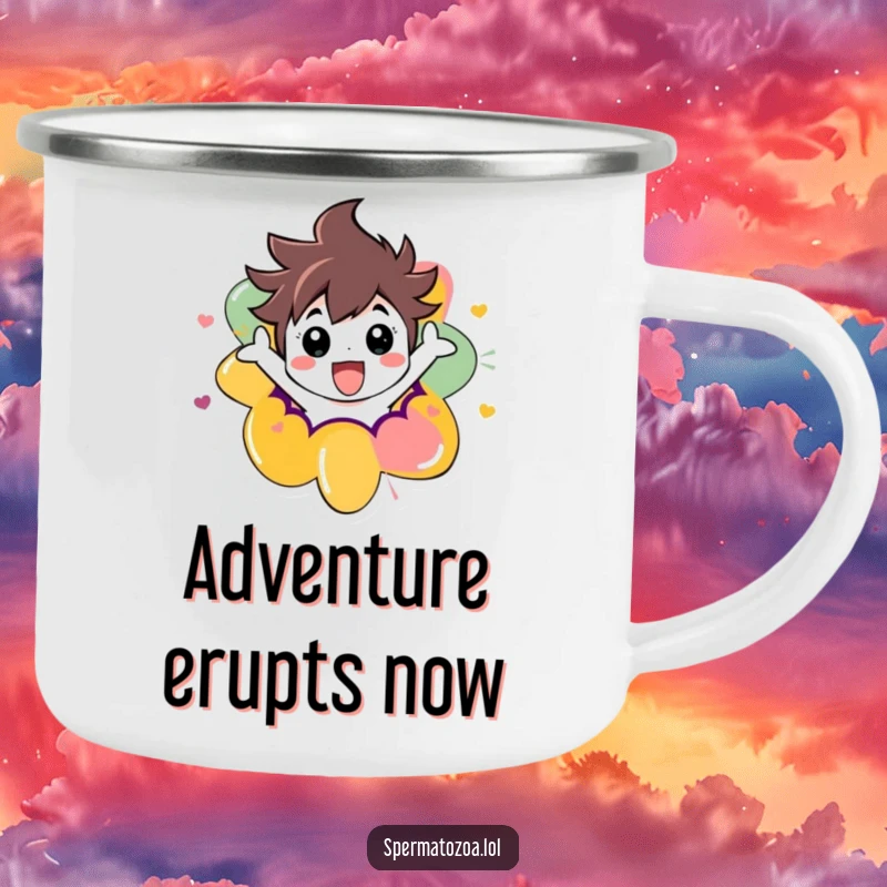 Funny camping mug depicting a character joyfully bursting out of a vibrant abstract shape, perfect for outdoor enthusiasts.