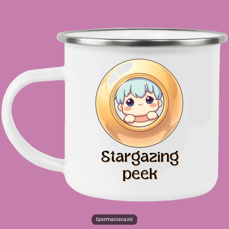 Funny Camping Mug: Curious Character Peeking From Shiny Circle - Outdoor Funny Gift