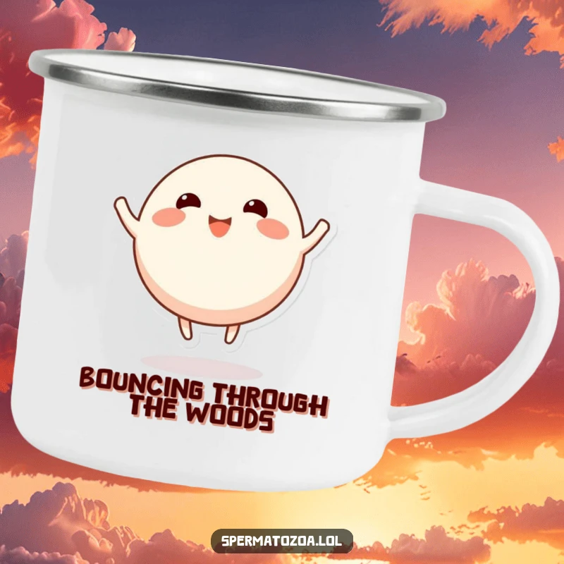 Funny round character camping mug, stubby limbs bouncing happily, durable and humorous for outdoor enjoyment.