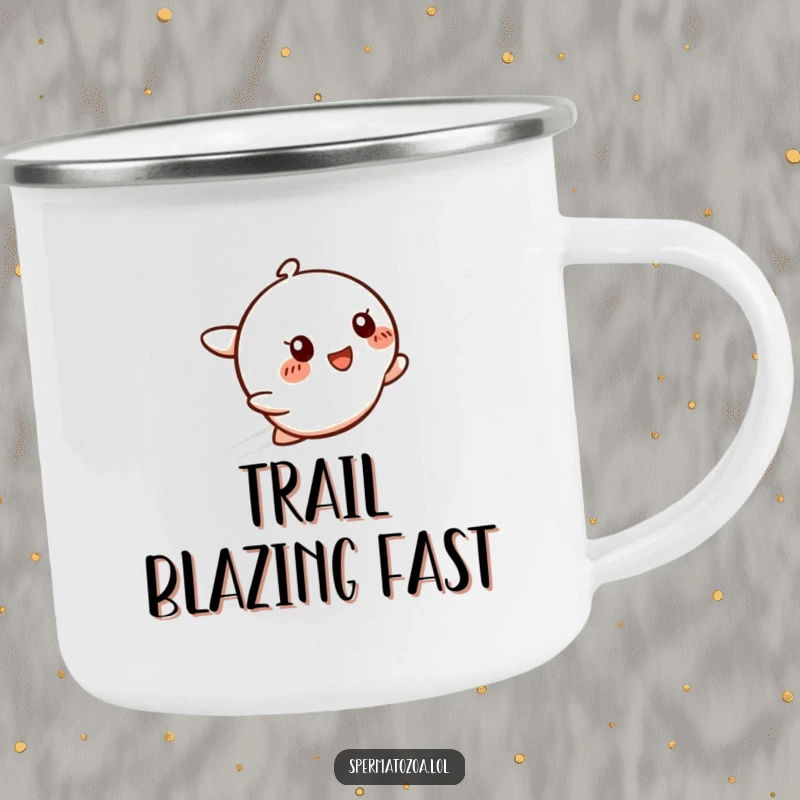 Funny Speedy Smile Camping Mug showing a zipping character with a glow, perfect for outdoor enthusiasts and as a funny gift.
