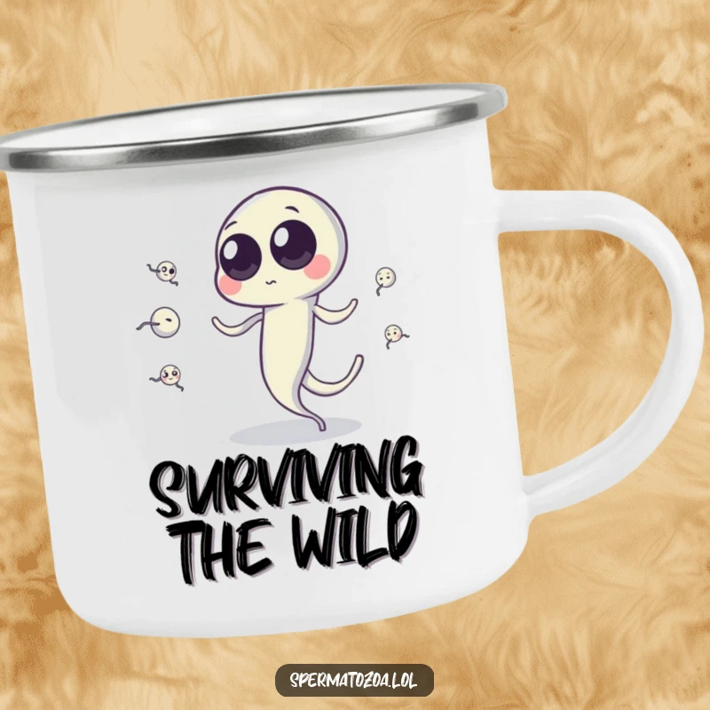 Funny sperm cell camping mug with googly eyes juggling tiny sperm cells, durable for adventures with biology humor.