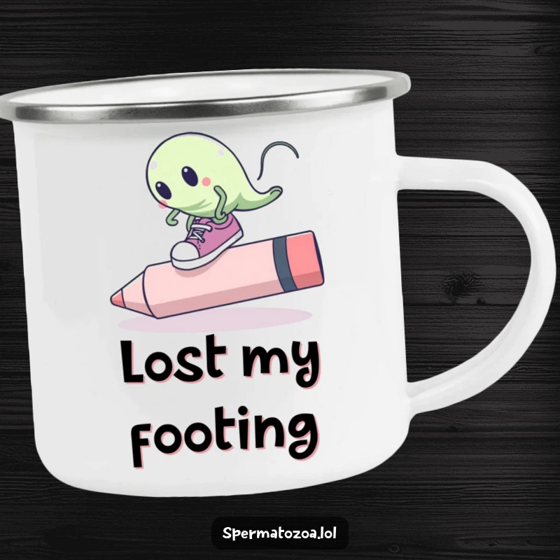 Funny sperm cell camping mug with oversized shoes tripping over a giant pink eraser, durable with clumsy humor.