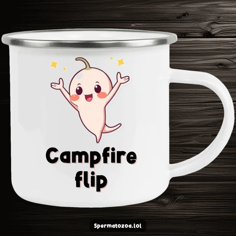 Funny Camping Mug: A tiny sperm character performs a celebratory flip, perfect for enjoying drinks during outdoor adventures with a humorous twist.