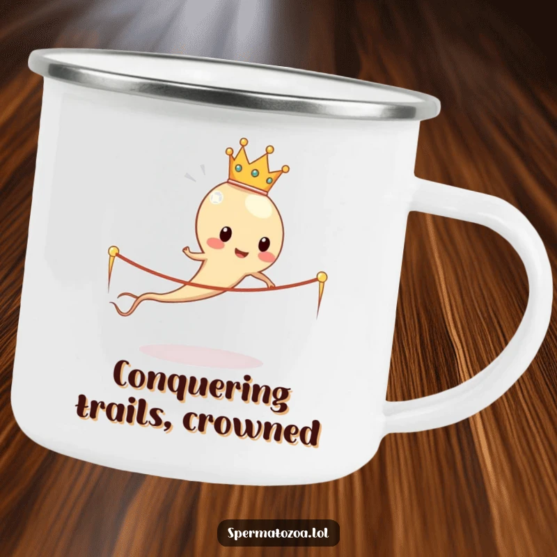 Funny sperm cell king in crown humorously skipping rope made of sperm tails, a durable camping mug for outdoor fun.