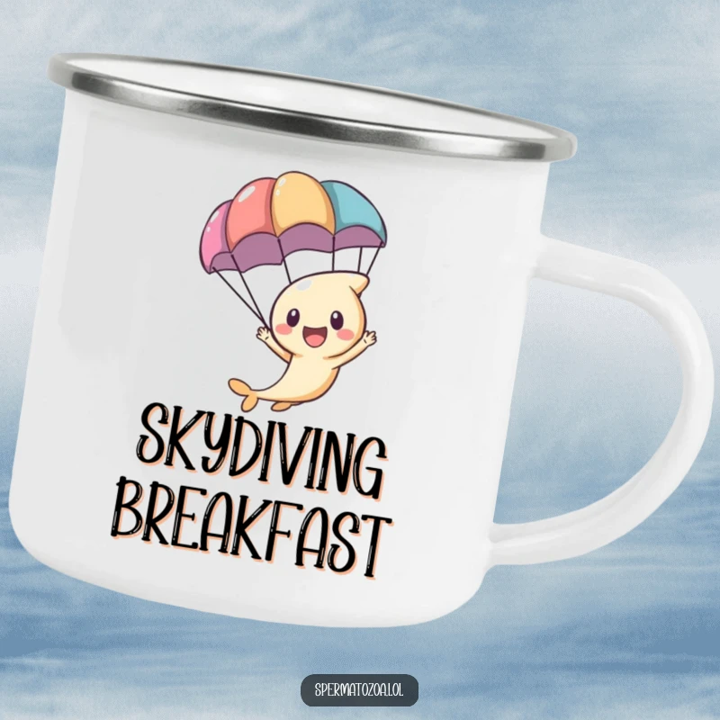 Funny tiny sperm character excitedly zooming with a parachute, printed on a durable camping mug for adventurous enjoyment.