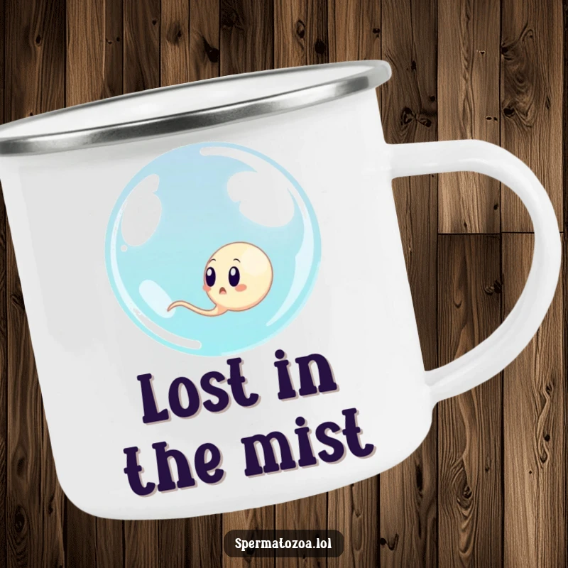 Funny sperm cell surprised by a giant bubble, a durable and humorous camping mug for outdoor enjoyment.