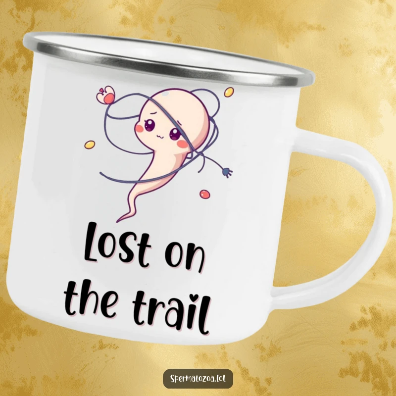 Funny sperm character enamel camping mug, comically tangled in a microscopic strand, rugged and portable.