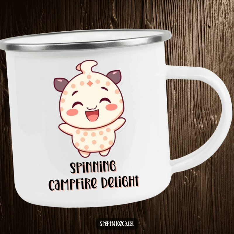 Funny dotted character camping mug, smiling and spinning gleefully, durable and humorous for outdoor enjoyment.