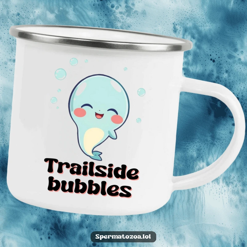 Funny camping mug featuring a sperm character giggling, surrounded by small bubbles, ready for an outdoor adventure with a smile.