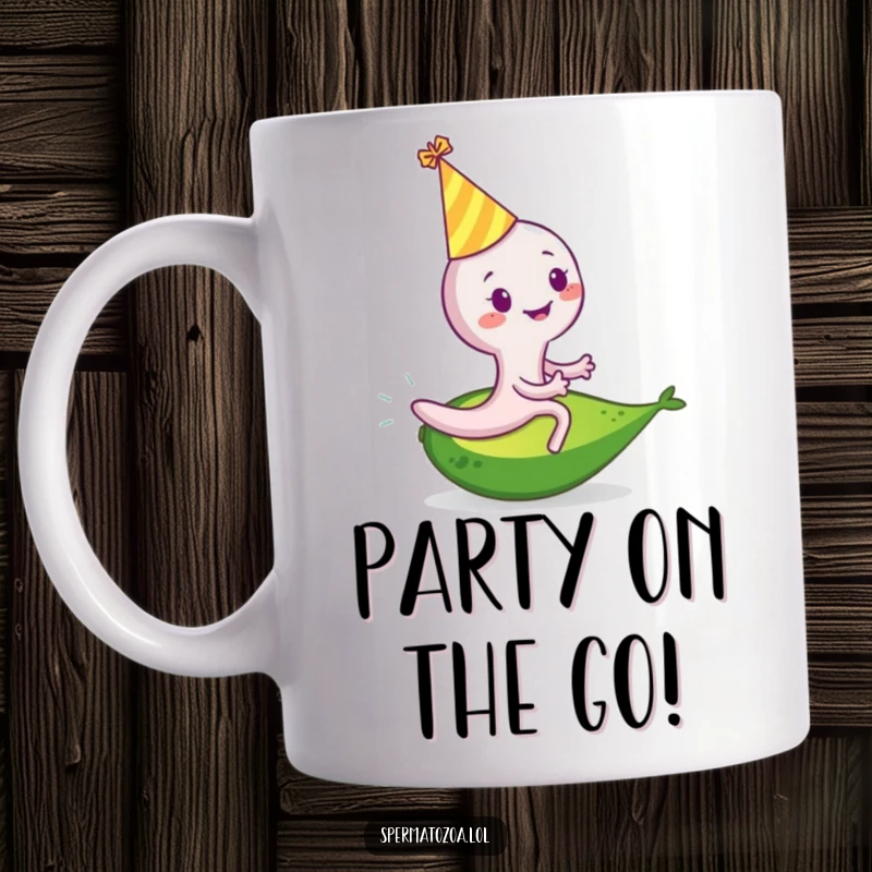 Funny sperm cell mug with a smiling sperm wearing a party hat, joyfully riding a rolling avocado, embodying pure fun.