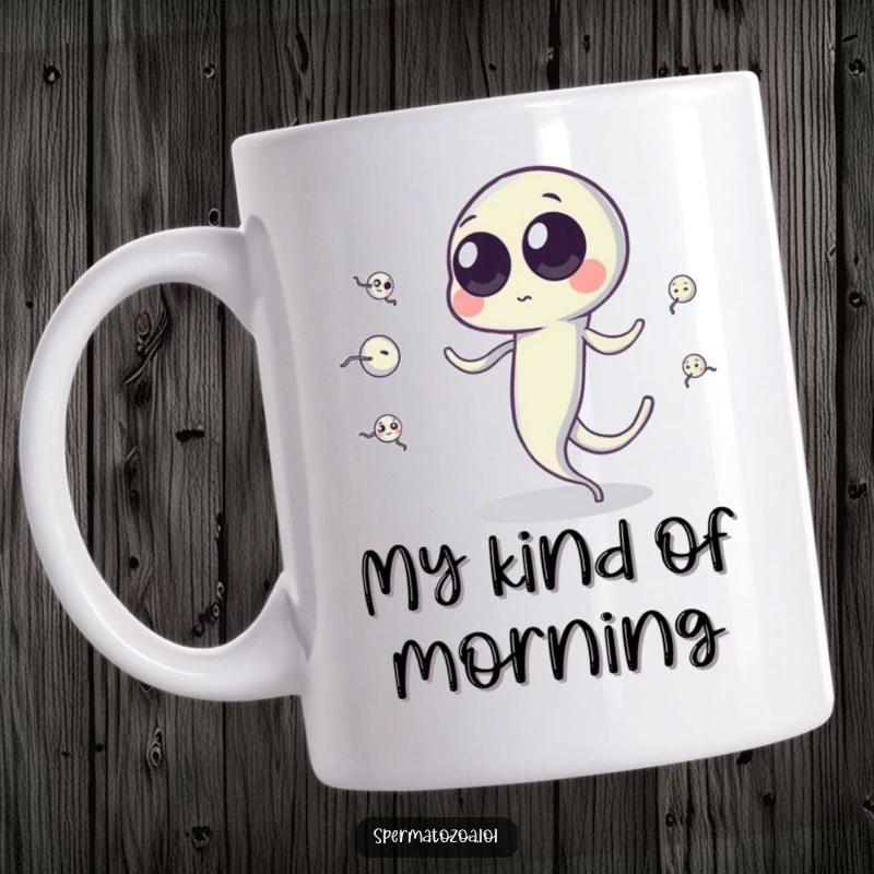 Funny sperm cell mug with googly eyes comically juggling smaller sperm cells using its tail, showcasing bizarre biology humor.
