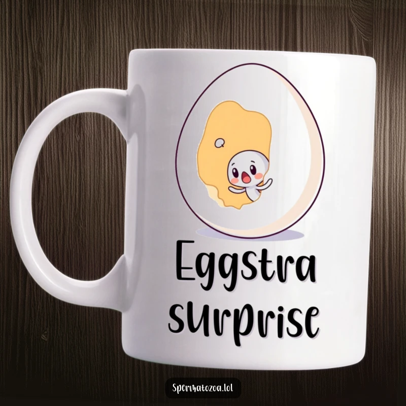 Funny tiny sperm character looking shocked upon encountering a giant egg on this humorous mug.