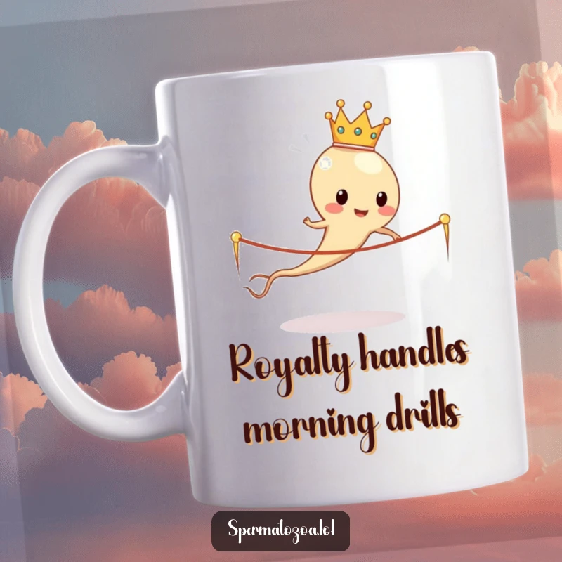 Funny sperm cell wearing a crown, humorously skipping rope made of sperm tails, a comical scene for a coffee mug gift.