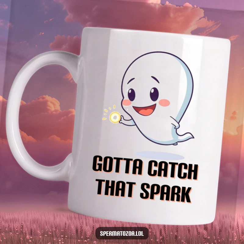 Funny mug featuring a sperm character with a goofy grin, enthusiastically chasing a luminous dot, radiating pure, silly joy.