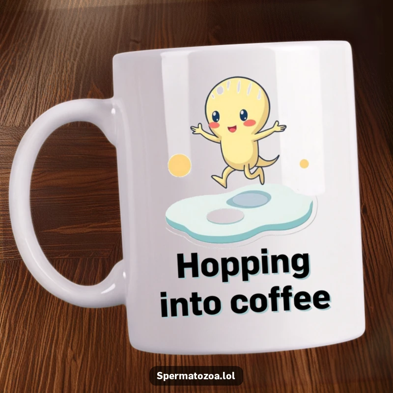 Funny Mug: A tiny sperm character joyfully hops through a hopscotch grid made of abstract shapes, embodying playful energy and humor.