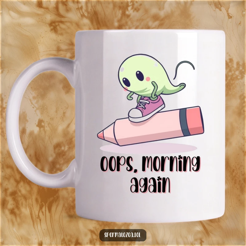 Funny sperm cell mug showing a sperm with oversized shoes tripping over a giant pink eraser, embodying comical mishap humor.