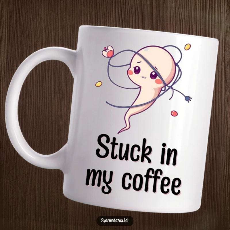 Funny sperm character comically tangled in a microscopic strand, depicting a relatable struggle.