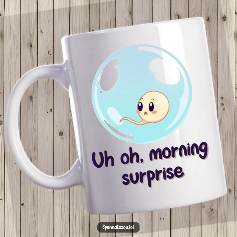 Funny sperm cell looking surprised as a giant bubble engulfs it, a comical and relatable scene for a mug.