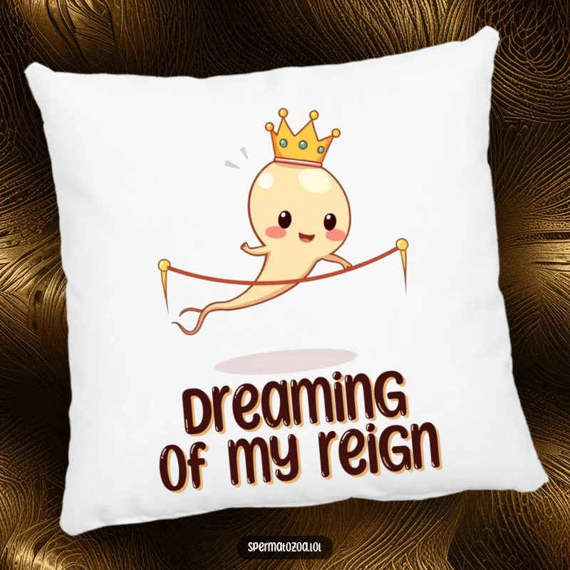 Funny sperm cell wearing a tiny crown, skipping rope made of sperm tails, soft and humorous decorative pillow.