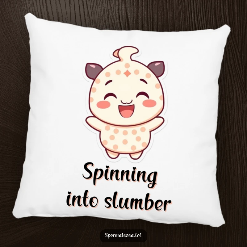 Funny dotted character pillow, smiling and spinning with glee, offering comfortable and humorous decor.