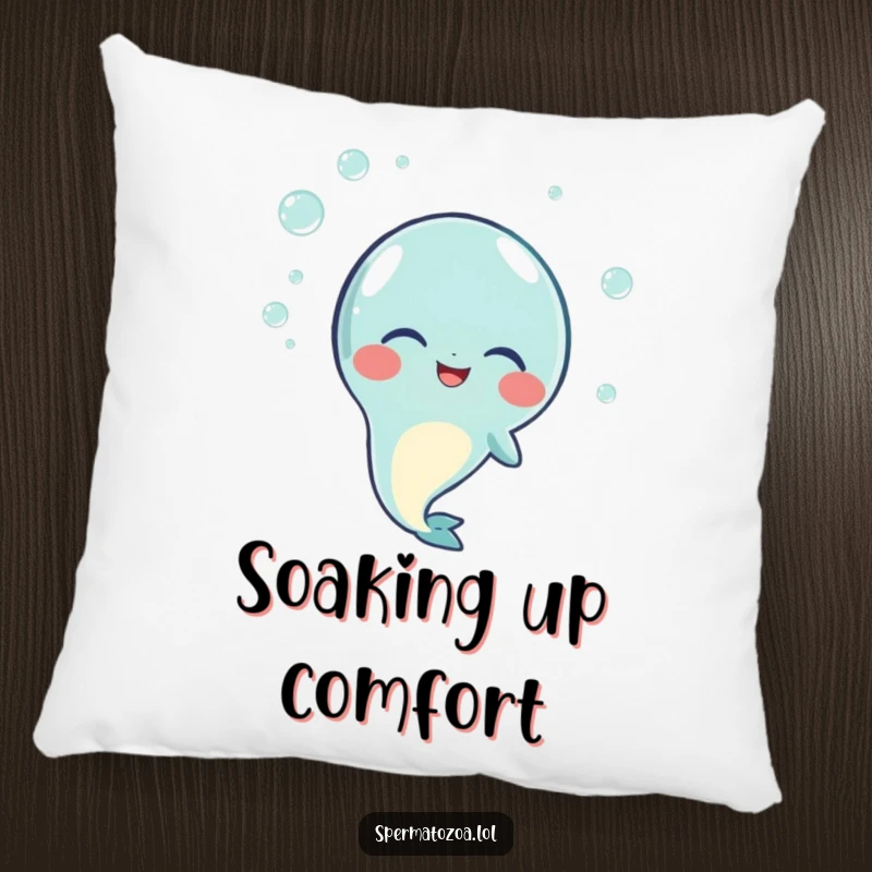 Funny pillow depicting a sperm character joyfully giggling, with small bubbles floating around, providing soft comfort and amusement.