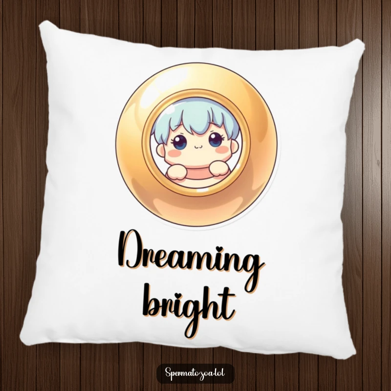 Funny pillow showcasing a curious character peeking from behind a smooth, shiny, circular object, offering comfort and humor.