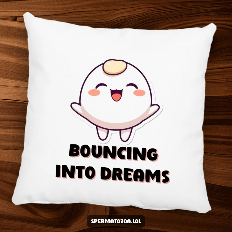 Funny rounded character pillow, smiling broadly and bouncing joyfully, offering comfortable and humorous decor.