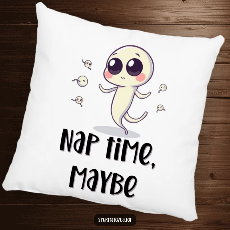 Funny sperm cell pillow with googly eyes juggling tiny sperm cells via tail, offering soft comfort and scientific absurdity.
