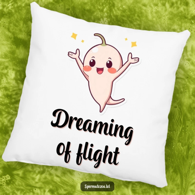 Funny Pillow: A tiny sperm character is depicted in a celebratory flip, offering soft comfort and a humorous symbol of potential and beginnings.