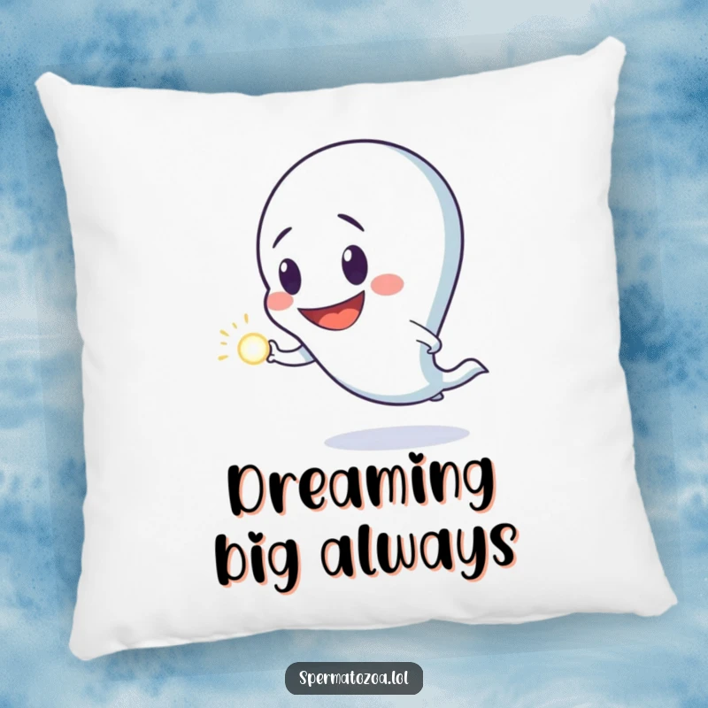 Funny pillow adorned with a sperm character showing a goofy grin, actively chasing a luminous dot, bringing cozy amusement to any room.