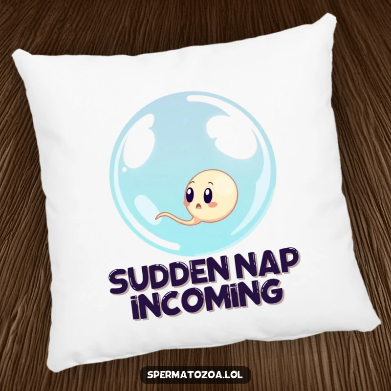 Funny sperm cell looking surprised as a giant bubble engulfs it, a soft and humorous decorative pillow.