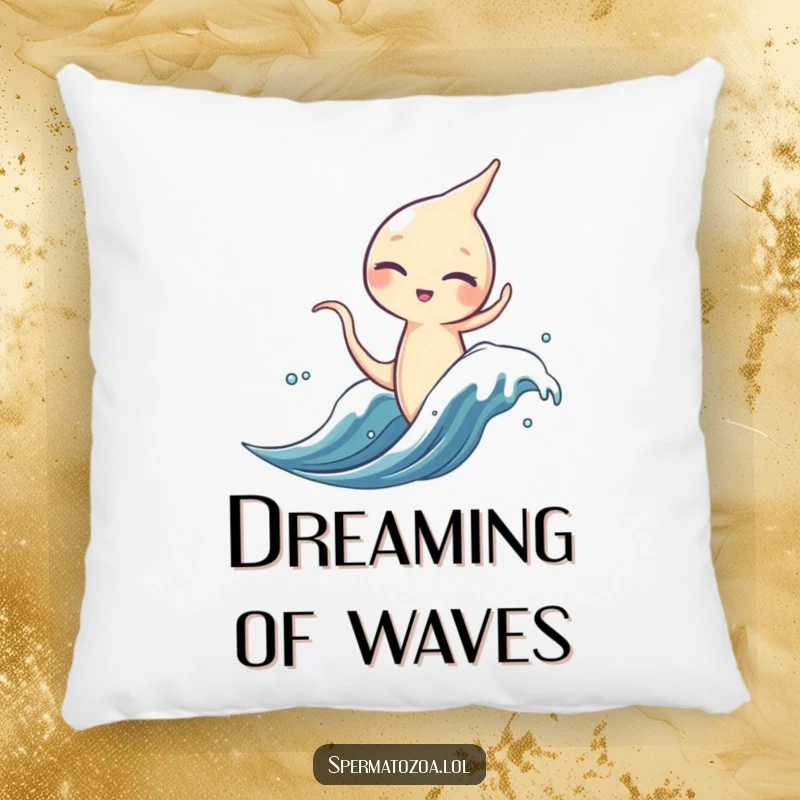 Funny sperm character pillow, winking and surfing a microscopic wave, soft and humorous cushion.