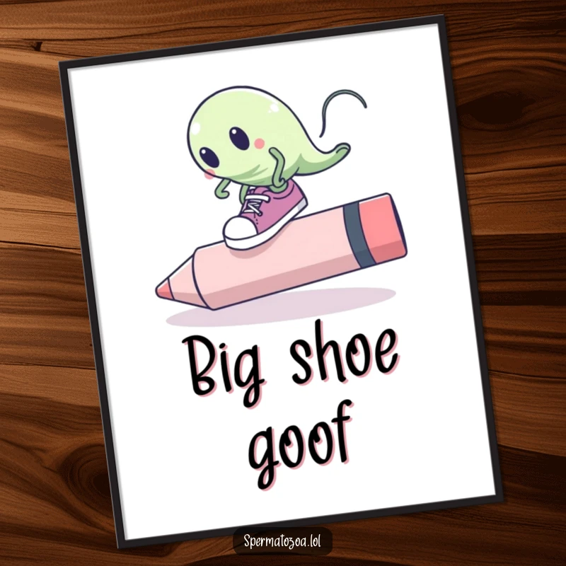 Funny sperm cell digital art print of a sperm cell with oversized shoes tripping over a giant pink eraser, for instant humor.