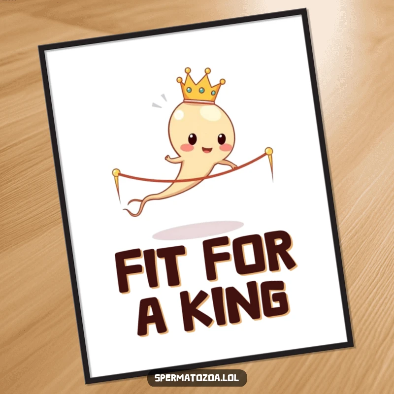 Funny sperm cell wearing a crown, hilariously skipping rope made of sperm tails, digital art for humorous decor.