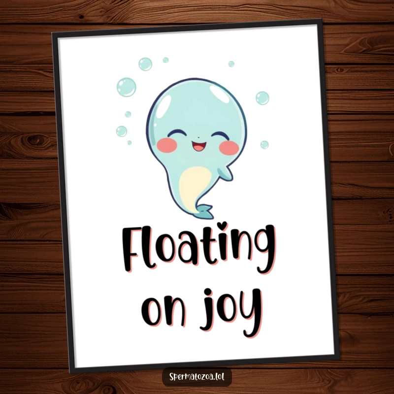Funny digital art print capturing a sperm character in a state of happy giggles, enveloped by small, sparkling bubbles, full of infectious joy.