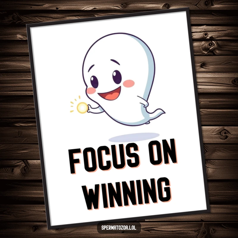 Funny digital art print of a sperm character with an enthusiastic goofy grin, comically chasing a glowing luminous dot, full of energetic humor.