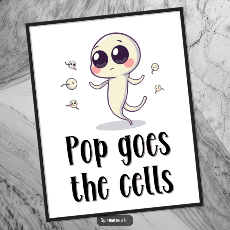 Funny sperm cell digital art print of a googly-eyed sperm cell comically juggling tiny sperm cells with its tail, for instant humor.