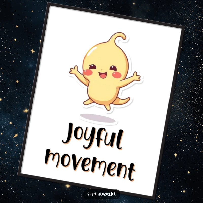 Funny sperm digital art print of a sperm character dancing with pure joy, conveying energy and humor.