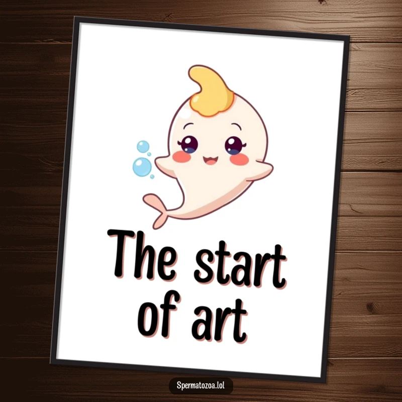 Funny sperm character floating with a bubble digital art print, unique and humorous wall decor.