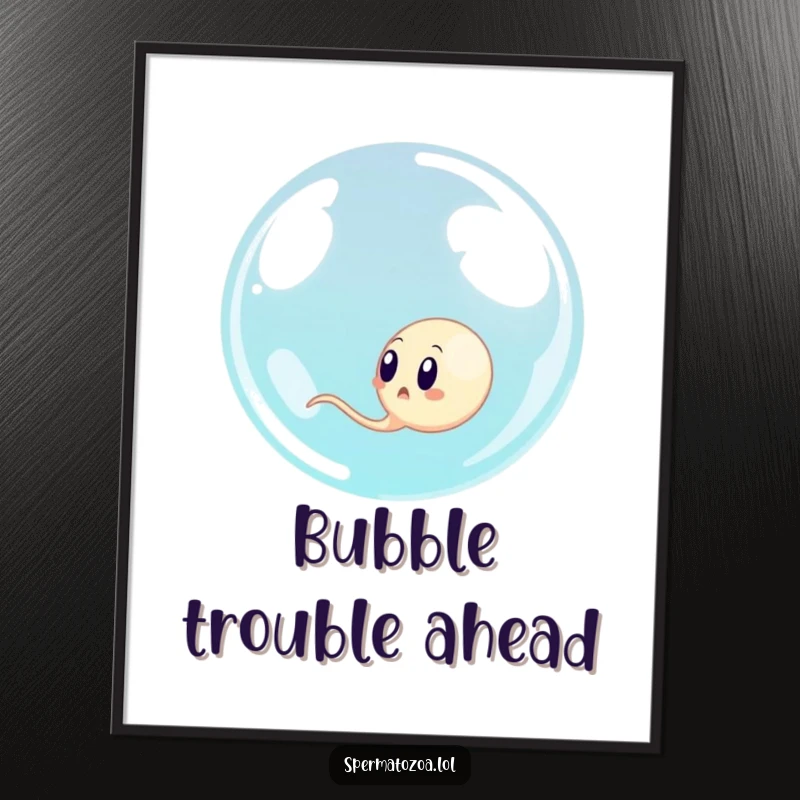 Funny sperm cell surprised by a giant bubble, humorous digital art for instant decor and laughs.