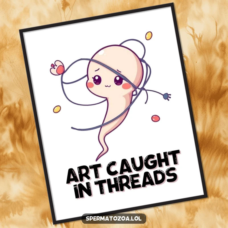 Funny sperm character comically tangled in a microscopic strand digital art print, relatable wall decor.