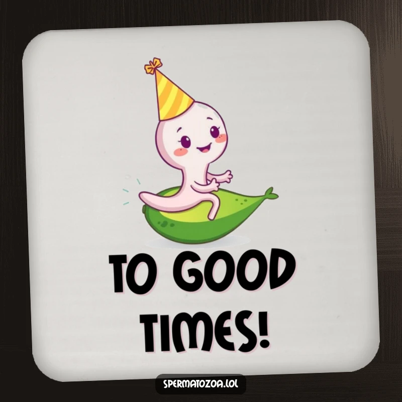 Funny sperm cell drink coaster with a smiling sperm in a party hat riding a rolling avocado, protecting surfaces humorously.